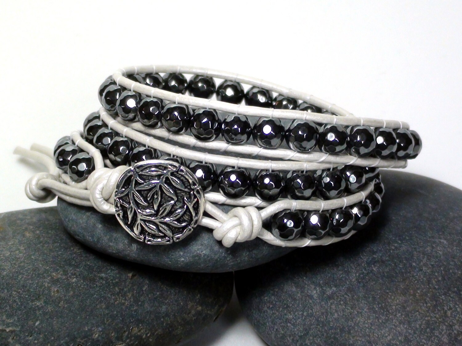 Grey Hematite White Leather Wrap Bracelet Etsy