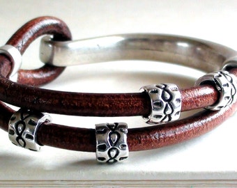 Brown Leather Bracelet Tribal Half Cuff