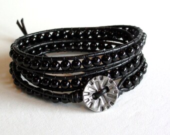 Basic Black - Triple Wrap Black Obsidian Leather Wrap Bracelet