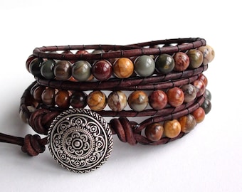 Leather Wrap Bracelet - Falling Leaves - Red Creek Jasper Triple Wrap Bracelet