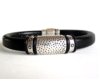 Dots -  Black Leather Bracelet