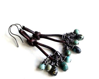 African Turquoise and Brown Leather Dangle Earrings