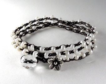 White Wedding - Pearl white beads and Sterling Silver Charm Crochet Wrap Bracelet