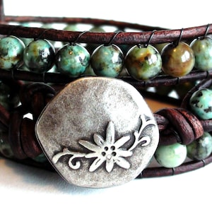 African Turquoise Leather Wrap Bracelet