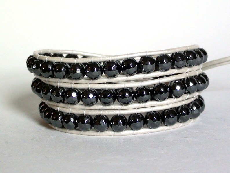 Grey Hematite White Leather Wrap Bracelet Etsy