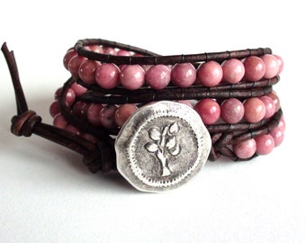 Warm and Earthy Pink Leather Wrap Bracelet (3x)