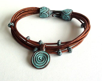 Multi Strand Light Brown Leather Bracelet with Copper Patina Accents