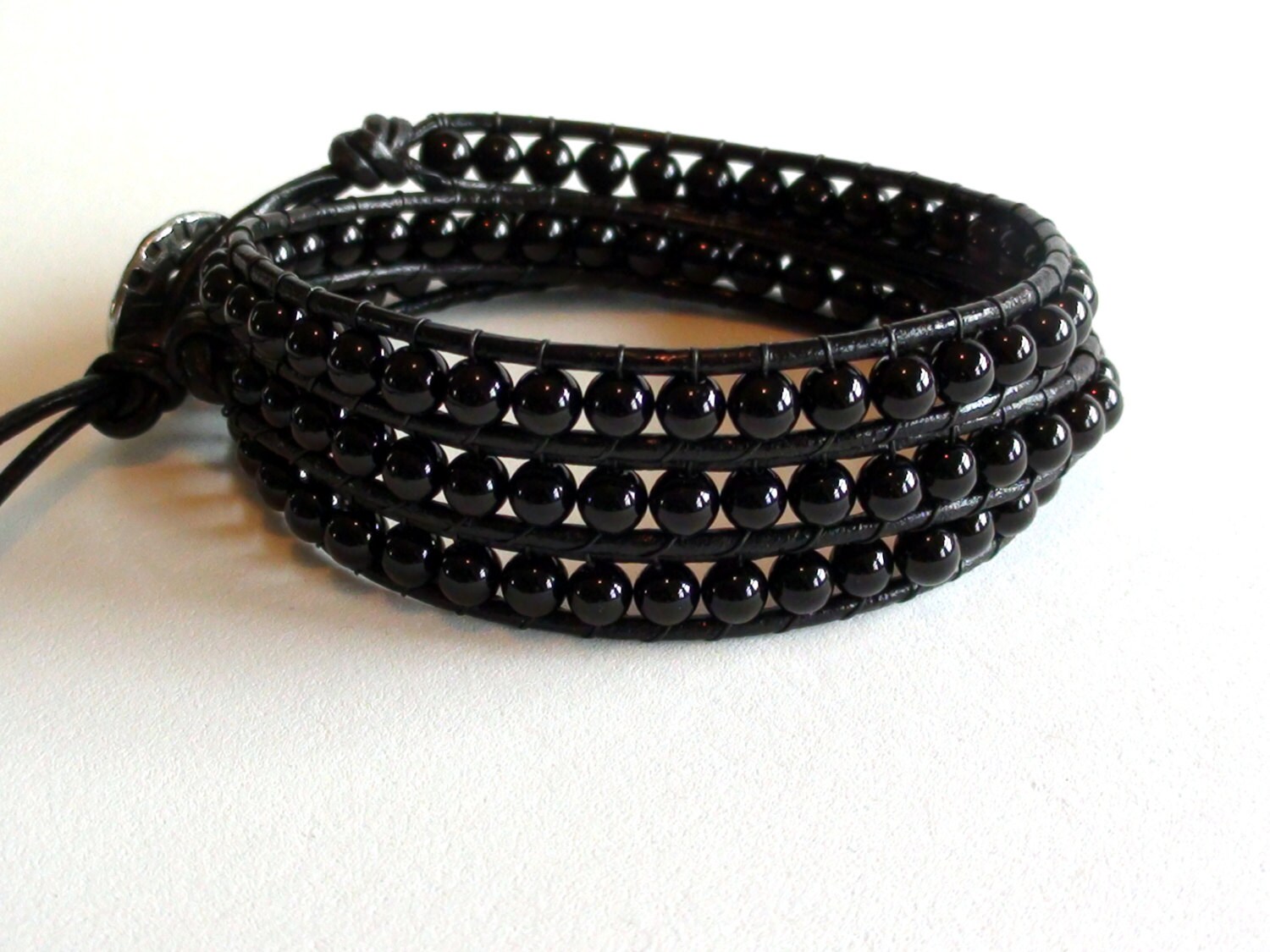Basic Black Triple Wrap Black Obsidian Leather Wrap Bracelet - Etsy