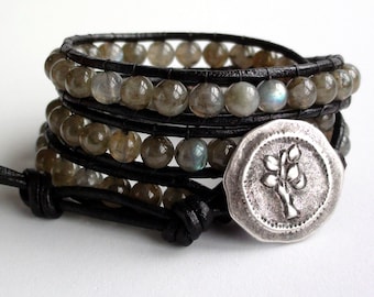 Leather Wrap Bracelet - Moonlit Skies - Labradorite Bracelet