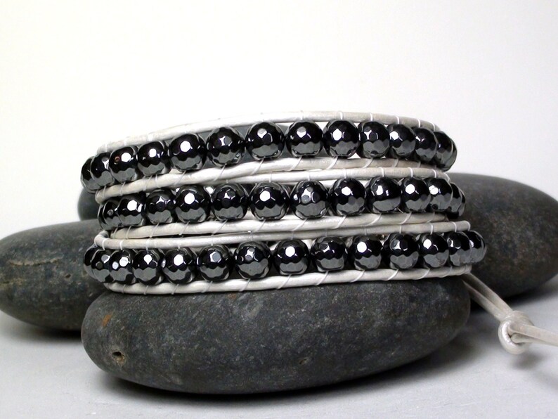 Grey Hematite White Leather Wrap Bracelet Etsy