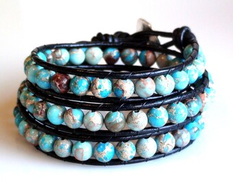 Wrap Bracelet Turquoise Black Leather fine silver button