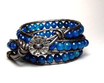 Blue Agate Leather Wrap Bracelet