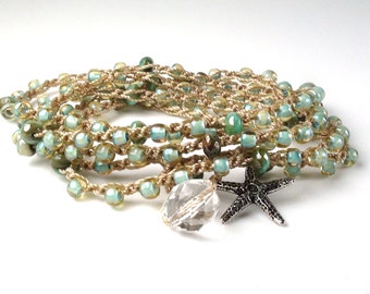 Bohemian Beach Vibes- Seafoam Green Crochet Wrap Bracelet