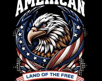 May include: A patriotic design featuring a detailed illustration of an American bald eagle with a stern gaze, surrounded by a circular frame of stars and stripes. The word "AMERICAN" arches above the eagle, and "LAND OF THE FREE" is displayed below.