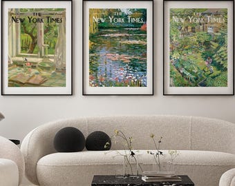 New York Times Print Set of 3, Gradient Wall Art, Abstract Newspaper Poster, Green Gallery Wall Set, Colorful Ombre Art, Digital Download
