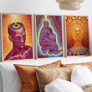 Könnte beinhalten: Drei gerahmte Kunstdrucke mit lebendigen, psychedelischen Illustrationen. Die Kunstwerke zeigen menschliche Figuren und anatomische Details in einem farbenfrohen, surrealen Stil. Die Rahmen sind aus hellem Holz, und die Drucke werden über einem Bett mit Kissen ausgestellt.