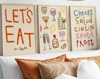 Kitchen Wall Art Set of 3 Prints, Colorful Dining Let's Eat Poster, Bar Cart Art, Aperitivo Drinks Print, Cheers Salud Cin Cin Santè Prost
