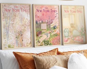 New York Times Magazine Cover Set of 3, Vintage French Country New York Garden Wall Art, Trendy Retro Pastel Dorm Decor, Digital Download