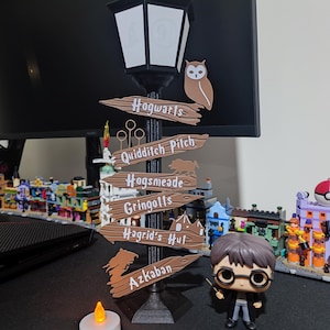 Peut inclure: Un poteau indicateur noir en forme de lampadaire avec des panneaux directionnels bruns pointant vers des lieux comme Poudlard et Azkaban. Un hibou et une figurine d'Harry Potter sont à proximité. Une petite bougie blanche à piles est allumée.