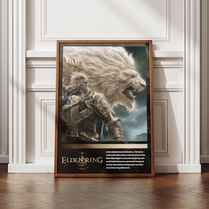Puede incluir: Un póster enmarcado con ilustraciones del videojuego Elden Ring. La imagen muestra un guerrero y una criatura con aspecto de león. El póster tiene un marco de madera oscura e incluye el logotipo y el texto del juego.