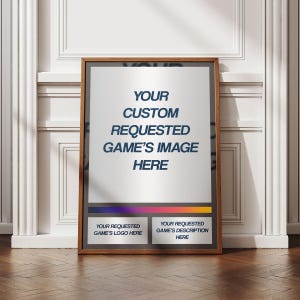 Può includere: Un poster incorniciato con una cornice in legno, con il testo "YOUR CUSTOM REQUESTED GAME'S IMAGE HERE". Sotto ci sono due riquadri rettangolari con il testo "YOUR REQUESTED GAME'S LOGO HERE" e "YOUR REQUESTED GAME'S DESCRIPTION HERE."