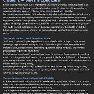 May include: Text from "Chapter 1 - Why the Cloud Exists" on a dark background. The text discusses cloud computing, including cost, speed, and reliability. It explains on-premises infrastructure and the financial and speed problems associated with it.