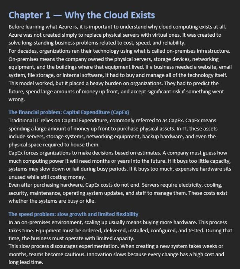 K&ouml;nnte beinhalten: Text aus "Kapitel 1 - Warum die Cloud existiert" auf dunklem Hintergrund. Der Text behandelt Cloud Computing, einschlie&szlig;lich Kosten, Geschwindigkeit und Zuverl&auml;ssigkeit. Er erkl&auml;rt die On-Premises-Infrastruktur und die damit verbundenen finanziellen und Geschwindigkeitsprobleme.