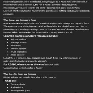 K&ouml;nnte beinhalten: Text aus Kapitel 6, "Was eine Azure-Ressource ist", erkl&auml;rt Azure-Ressourcen. Es listet Beispiele wie virtuelle Maschinen und Speicherkonten auf. Der Text verdeutlicht auch, was keine Ressource ist, wie z. B. das Azure-Portal.
