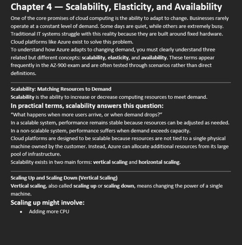 K&ouml;nnte beinhalten: Textauszug aus einem Dokument mit dem Titel "Kapitel 4 - Skalierbarkeit, Elastizit&auml;t und Verf&uuml;gbarkeit". Der Text behandelt Cloud Computing, Skalierbarkeit und verwandte Konzepte. Er erkl&auml;rt, wie Cloud-Plattformen wie Azure sich an ver&auml;nderte Anforderungen anpassen.