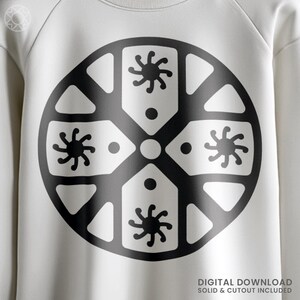 May include: A white sweatshirt featuring a large, symmetrical black design. The design is a circular pattern with four stylized sunburst shapes and geometric elements. The text "DIGITAL DOWNLOAD SOLID & CUTOUT INCLUDED" is at the bottom.