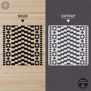 May include: Two designs are presented: a solid black pattern and a white cutout pattern. Both feature a geometric design with zigzag lines and cross-shaped elements. The words "SOLID" and "CUTOUT" are above each design. A "DIGITAL DOWNLOAD" icon is also included.