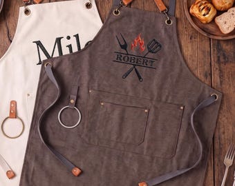 Embroidered Canvas BBQ Apron, Personalized Denim Cooking Gift, BBQ Master, Chef Gift
