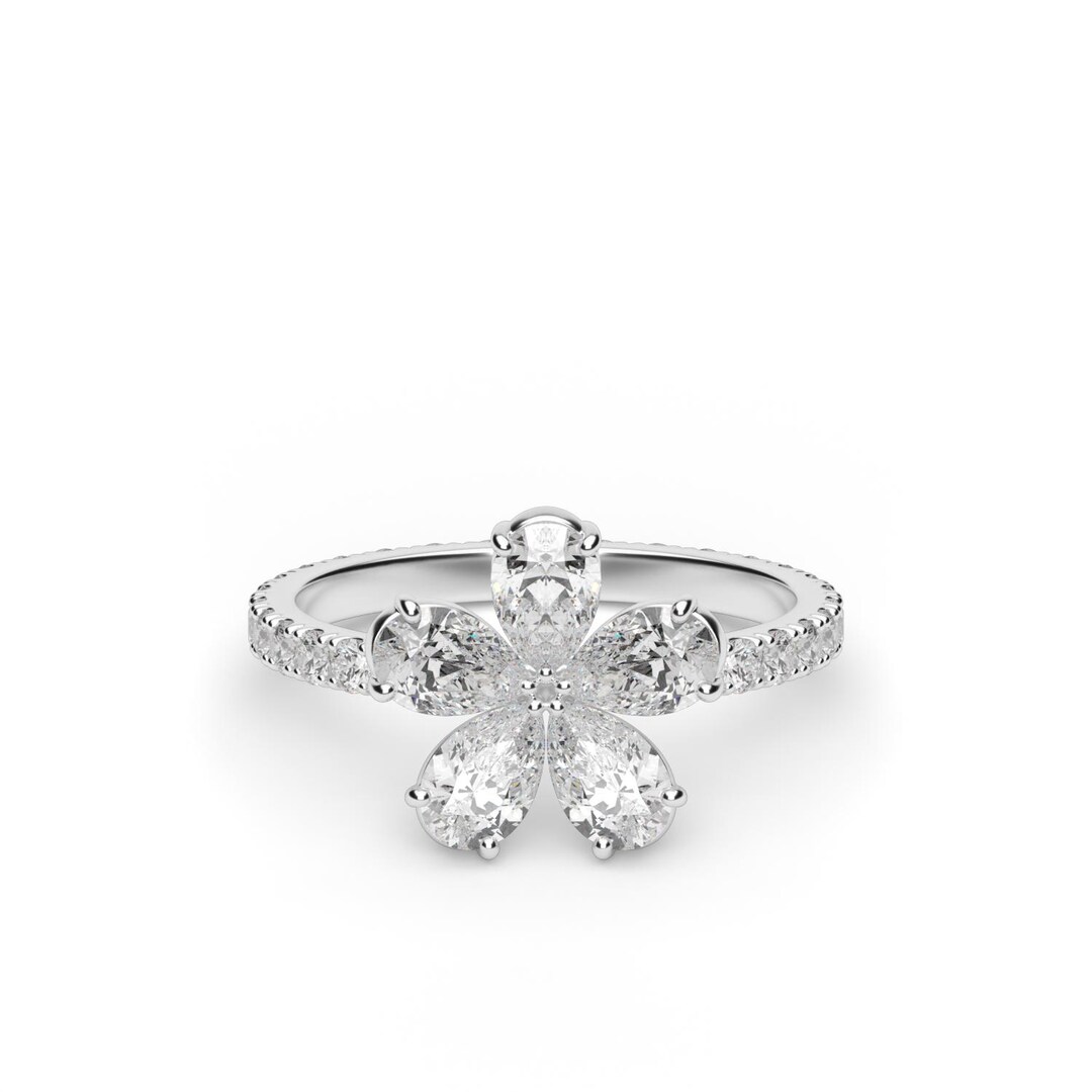 Pear Shape Diamond Flower Ring With Melee Stones - Etsy