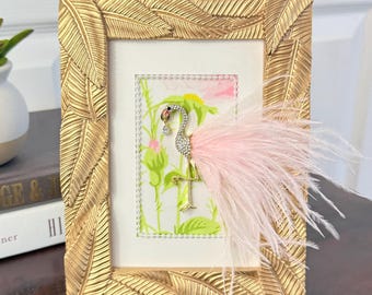 Flamingo Decor Framed Art with Jeweled Brooch, Tropical Gift for Her