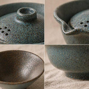 May include: A set of four ceramic bowls and a lidded serving dish. The bowls are a dark brown color, while the serving dish and lid are a speckled teal blue. The lid has a small handle and several small holes. The set has a rustic, handmade appearance.