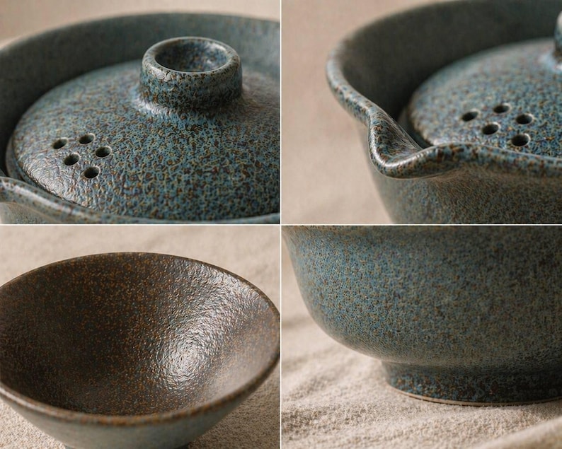 May include: A set of four ceramic bowls and a lidded serving dish. The bowls are a dark brown color, while the serving dish and lid are a speckled teal blue. The lid has a small handle and several small holes. The set has a rustic, handmade appearance.