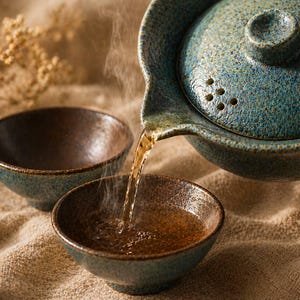 May include: A ceramic teapot and teacups are filled with tea. The teapot is a speckled blue-green color, and the teacups are brown with blue-green rims. Steam rises from the tea as it is poured, suggesting a warm beverage. The background is a neutral tan color.