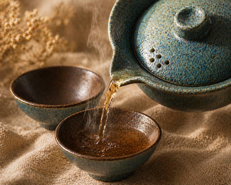 May include: A ceramic teapot and teacups are filled with tea. The teapot is a speckled blue-green color, and the teacups are brown with blue-green rims. Steam rises from the tea as it is poured, suggesting a warm beverage. The background is a neutral tan color.