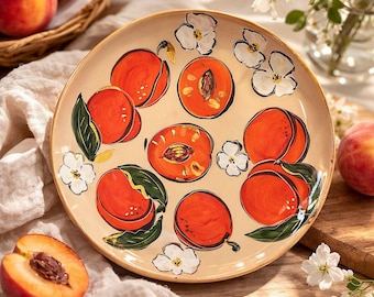 Hand Painted Ceramic Salad Plate – Peach Fruit Design, Artisan Pottery (20 cm)