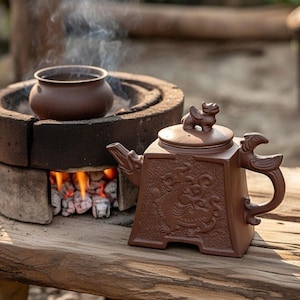 Op de afbeelding: Een bruine keramische theepot met een drakenreliëf, een klein beeldje op het deksel en een gebogen handvat. Een kleine pot staat op een bakstenen kachel met vuur erin. Stoom stijgt op uit de pot en de kachel.