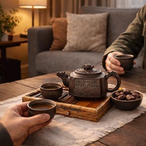Puede incluir: Un juego de té de cerámica marrón sobre una bandeja de madera, que incluye una tetera con un pico en forma de dragón, dos tazas de té y un pequeño cuenco de aperitivos. El juego está colocado sobre una mesa de madera con un camino de mesa de lino de color neutro.