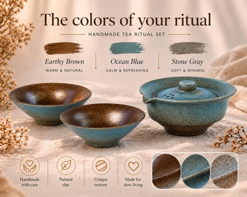 May include: A handmade tea ritual set featuring three ceramic pieces in earthy brown, ocean blue, and stone gray. The set includes two bowls and a lidded teapot. The text reads "The colors of your ritual."