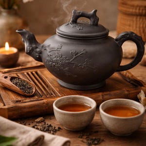 Könnte beinhalten: Dunkelgraue Keramik-Teekanne mit floralen Reliefs, Dampf steigt aus dem Ausguss. Zwei kleine Teetassen mit Tee stehen auf einem Holztablett, zusammen mit einem Holzschöpfer mit losem Tee. Eine brennende Kerze und Blumen sind im Hintergrund.