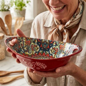 Może przedstawiać: Czerwona ceramiczna miska do serwowania z misternym, wielokolorowym wzorem paisley i kwiatowym wewnątrz. Miska posiada dwa zintegrowane uchwyty boczne oraz jednolicie czerwoną powierzchnię zewnętrzną z subtelnym białym wzorem kwiatowym.