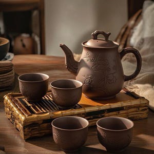 May include: A brown ceramic tea set featuring a teapot with floral relief and four matching cups. The set is displayed on a bamboo tray, suggesting a traditional tea ceremony. The warm tones and intricate details evoke a sense of tranquility.