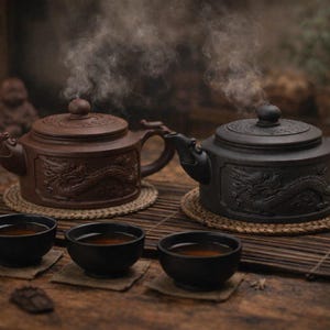 May include: Two ceramic teapots, one brown and one black, with dragon relief designs, sit on woven mats. Steam rises from the teapots, suggesting hot tea. Three small black teacups are arranged in front, on a wooden surface.