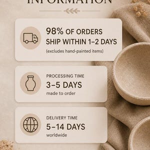May include: Image with text: SHIPPING INFORMATION, 98% of orders ship within 1-2 days, processing time 3-5 days, delivery time 5-14 days worldwide, packed with care. Two beige bowls are on a beige cloth.