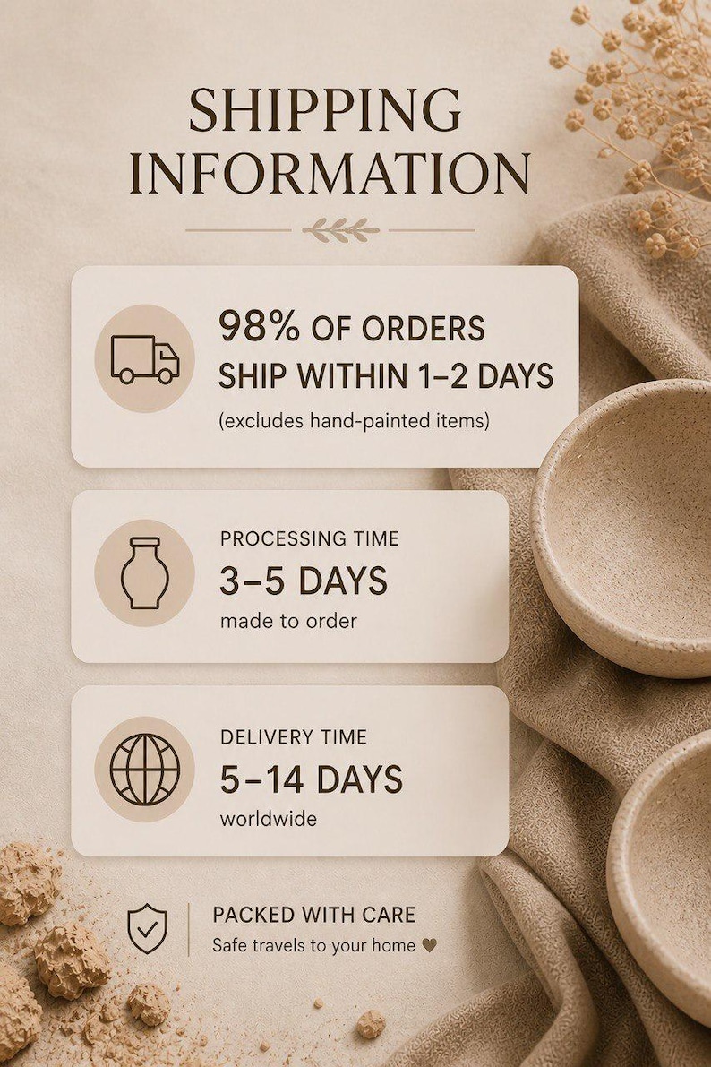 May include: Image with text: SHIPPING INFORMATION, 98% of orders ship within 1-2 days, processing time 3-5 days, delivery time 5-14 days worldwide, packed with care. Two beige bowls are on a beige cloth.