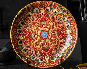 Ręcznie robiona ceramiczna miska do serwowania, kolorowa miska na sałatkę, duże naczynie dekoracyjne, centralny element stołu w stylu boho, wyjątkowy prezent na parapetówkę