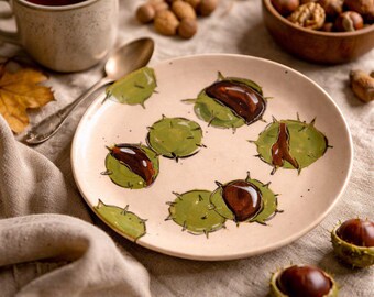 Fall Kitchen Decor, Hand Painted Chestnut Ceramic Plate, Autumn Dinner Plate, Botanical Pottery Dish, Cozy Tableware, Nature Inspired Gift